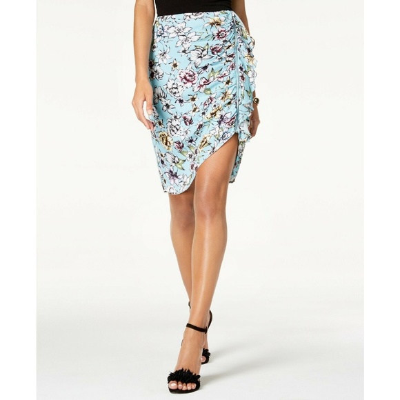 Guess Dresses & Skirts - GUESS Blue Floral Dotty Ruched Ruffle Zip-Detail